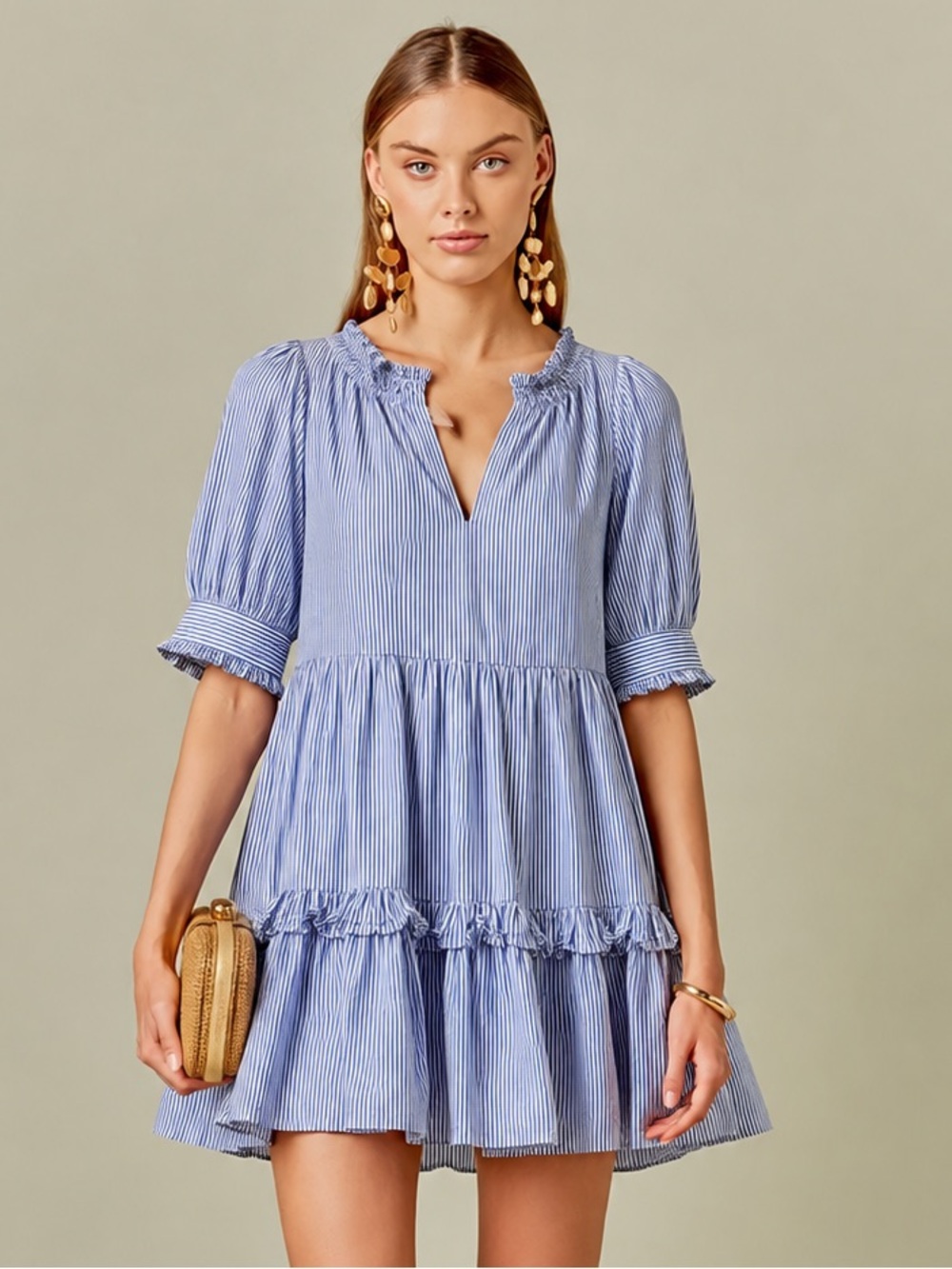 J.Crew Ruffleneck Tiered Popover Dress in Stripe - Blue & White - Size SP